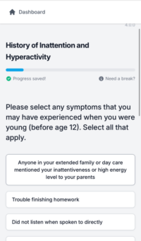 Screenshot of ADHD Online smart assessment history of inattention and hyperactivity