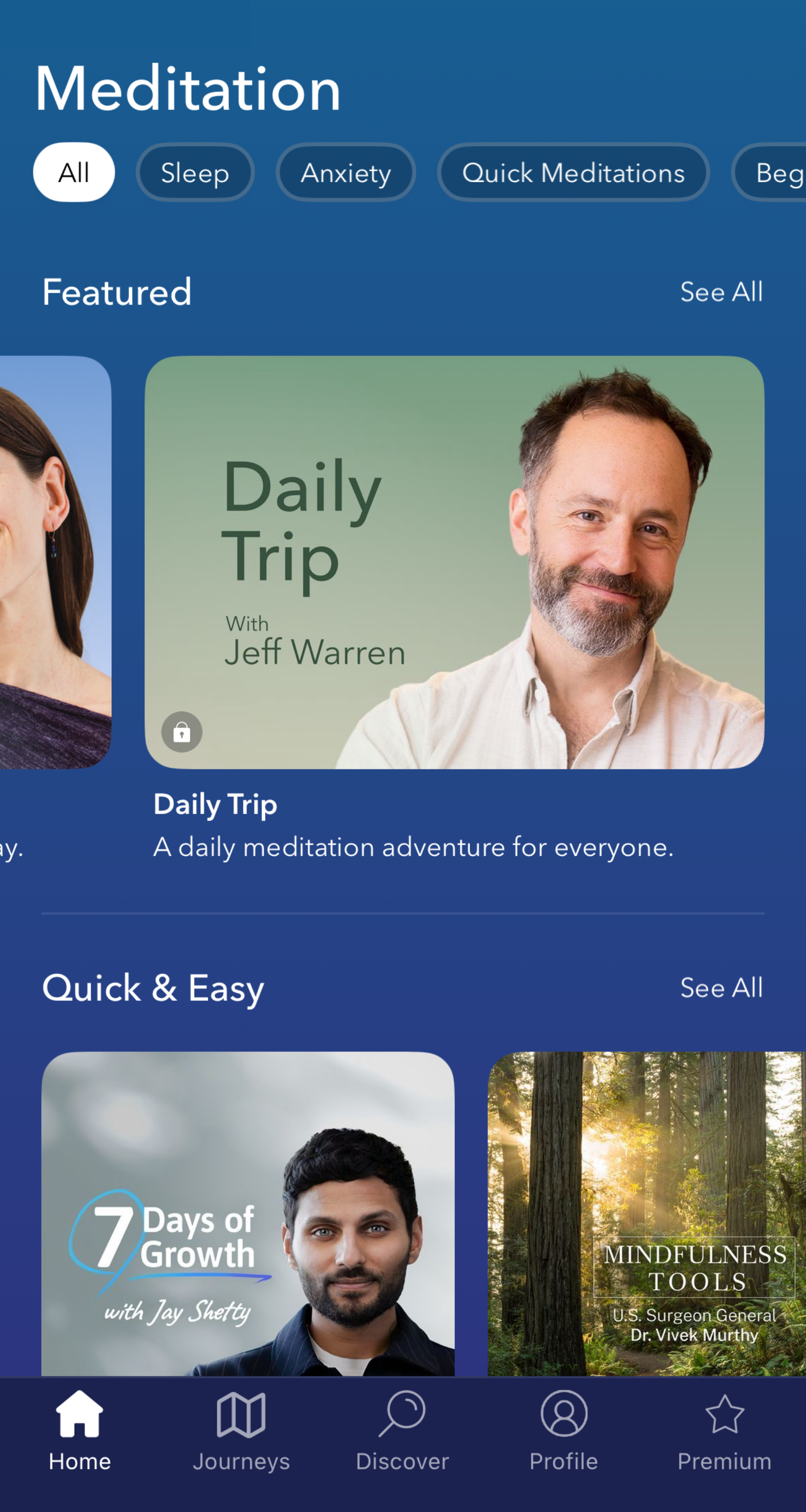 Image of Calm app meditations page
