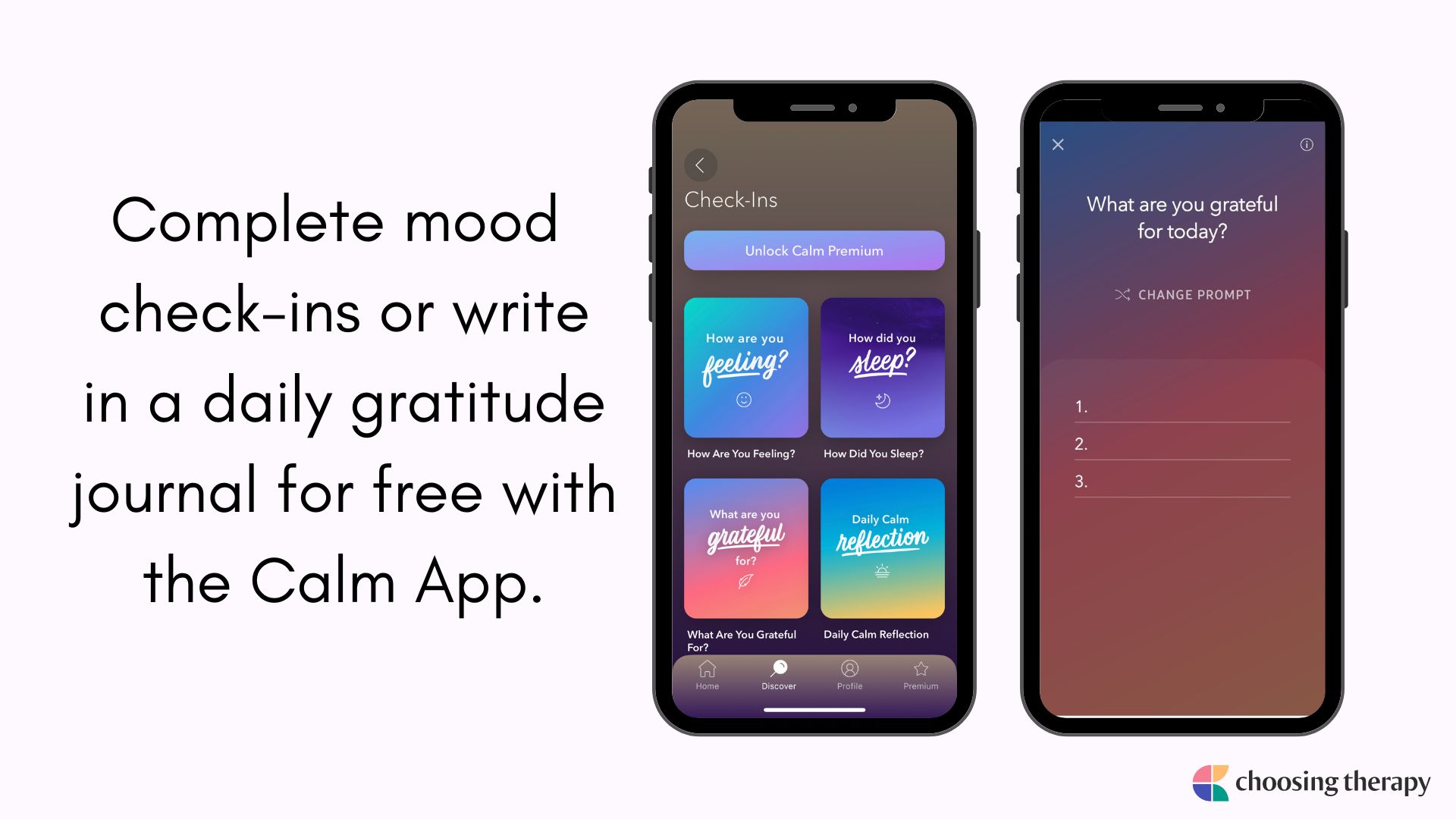 Image of Complete mood check-ins or write in a daily gratitude journal for free with the Calm App.