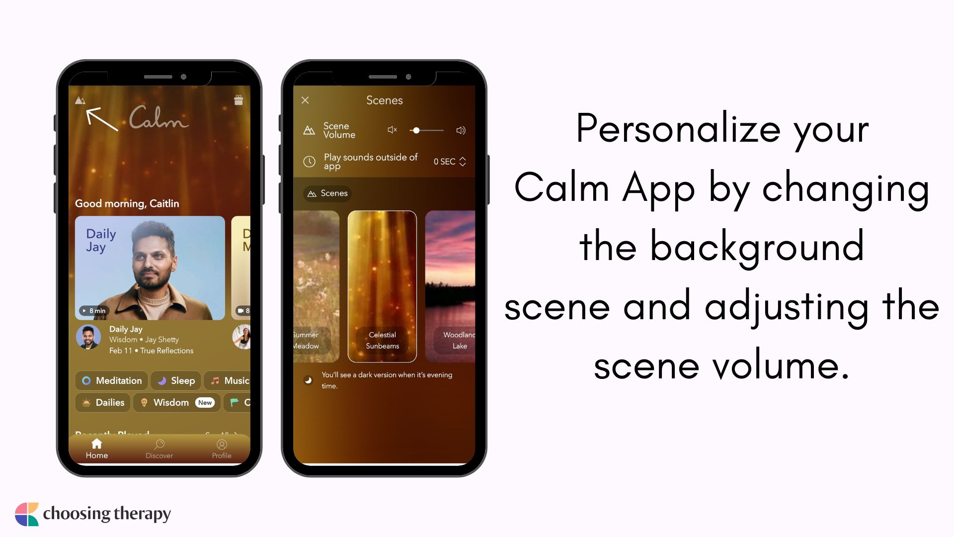 Image of Personalize your Calm App by changing the background scene and adjusting the scene volume.