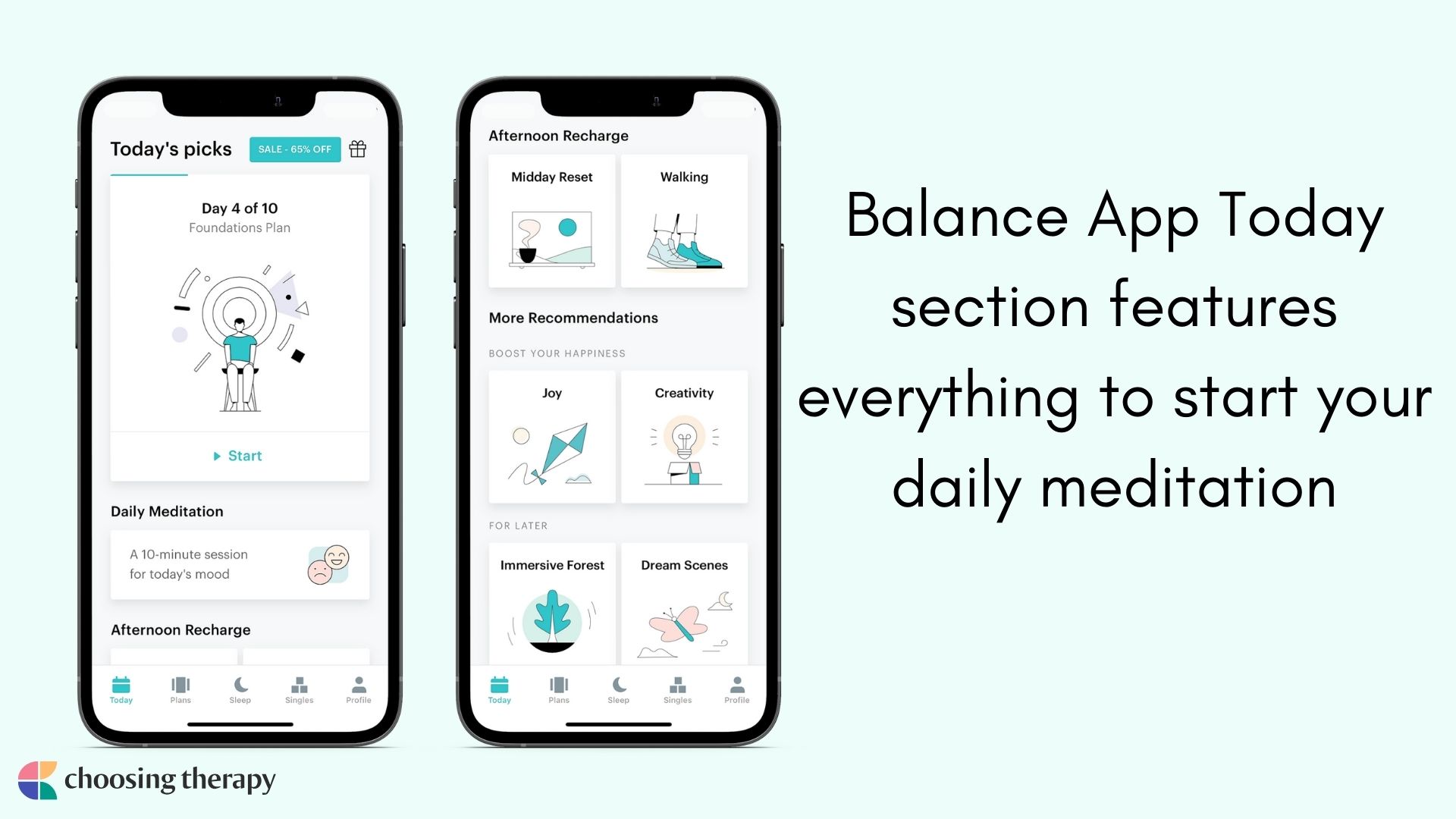Image of Balance App Today section features everything to start your daily meditation