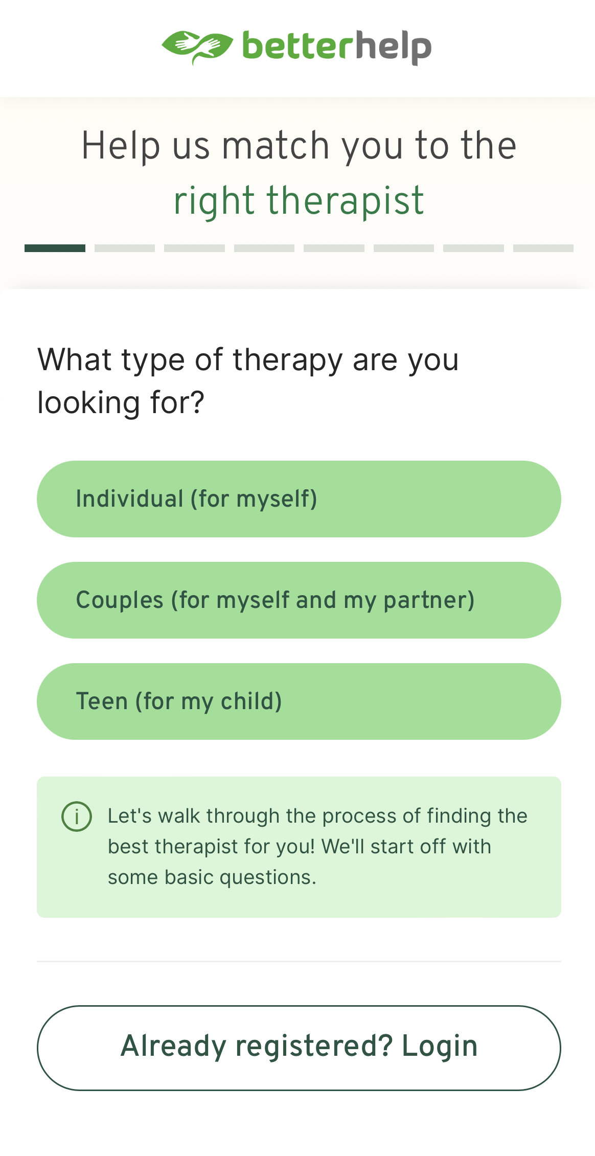 Screenshot of BetterHelp onboarding questionnaire