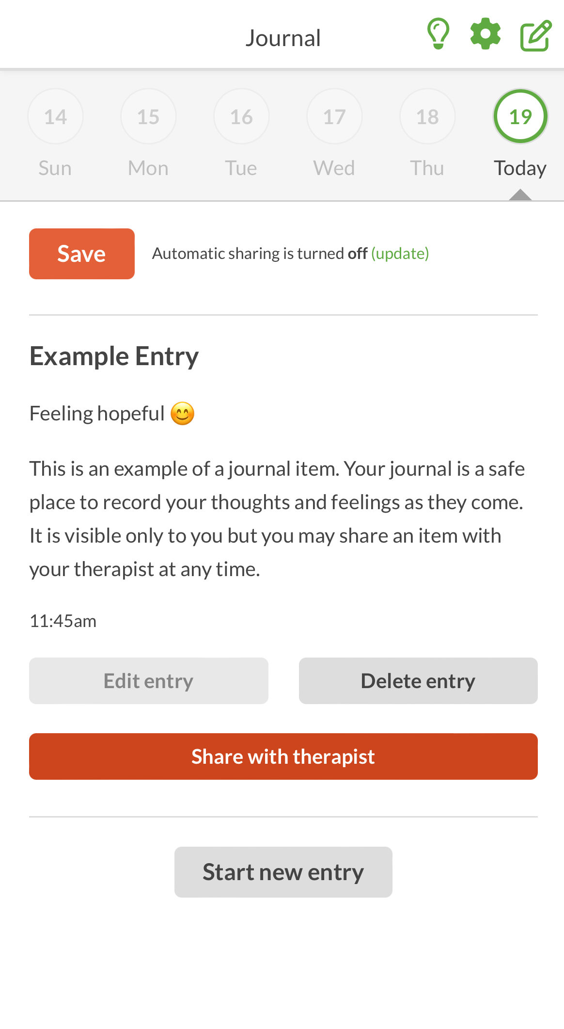 Screenshot of an example BetterHelp journal entry
