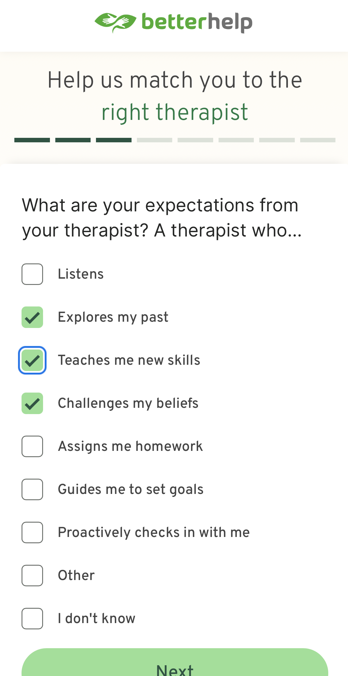Screenshot with questions about therapist preferences