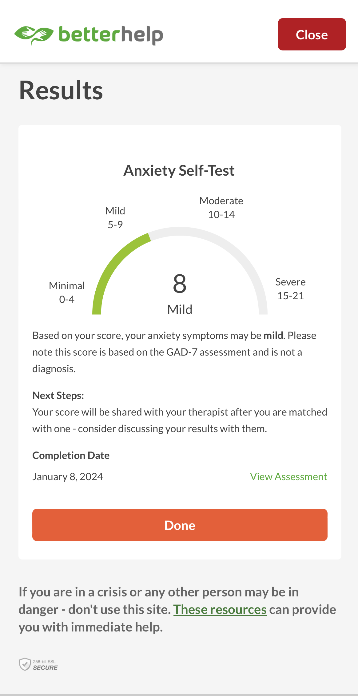 Screenshot of BetterHelp anxiety self-test results