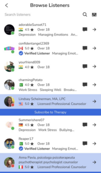 Image of 7 Cups App Browse Listeners Chat Page