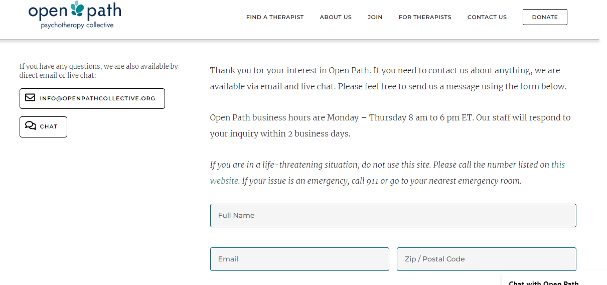 Open Path Collective is available by direct email or live chat