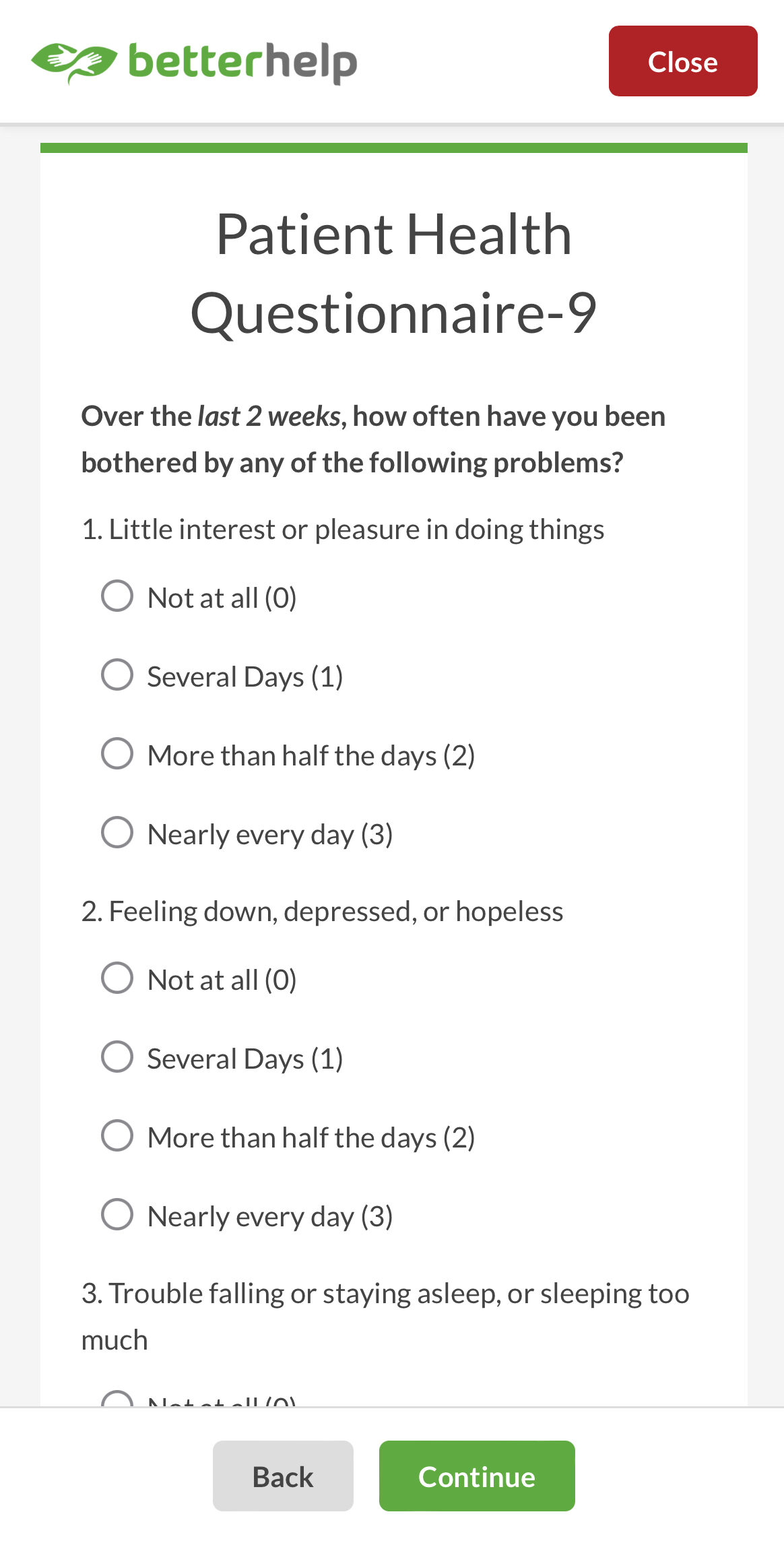 Screenshot of PHQ-9 results in BetterHelp app