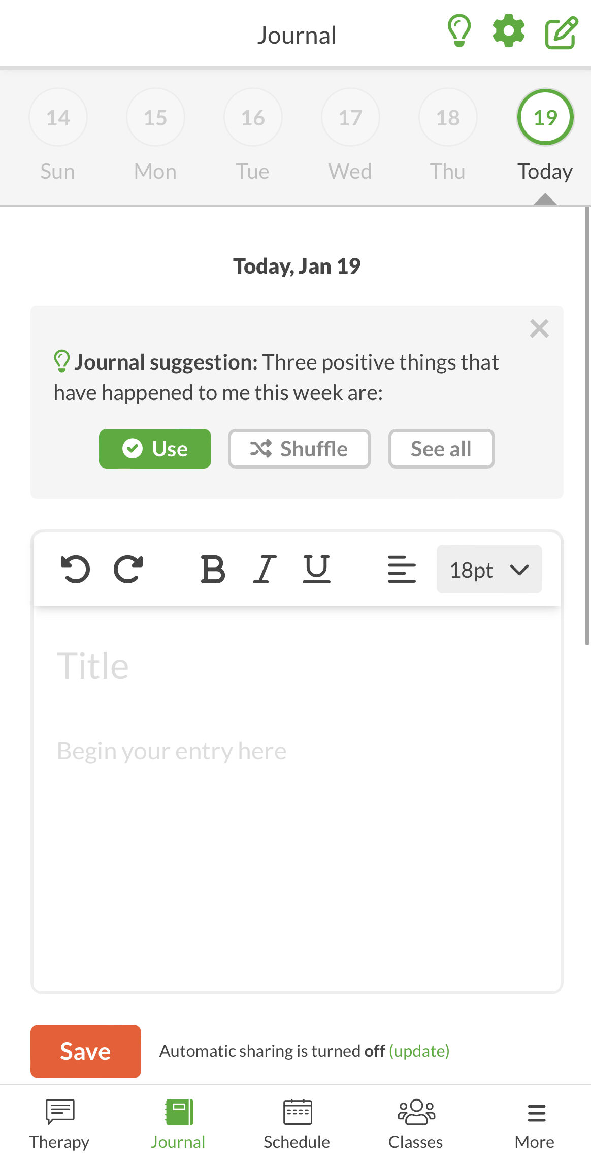 Screenshot of BetterHelp journal in BetterHelp app