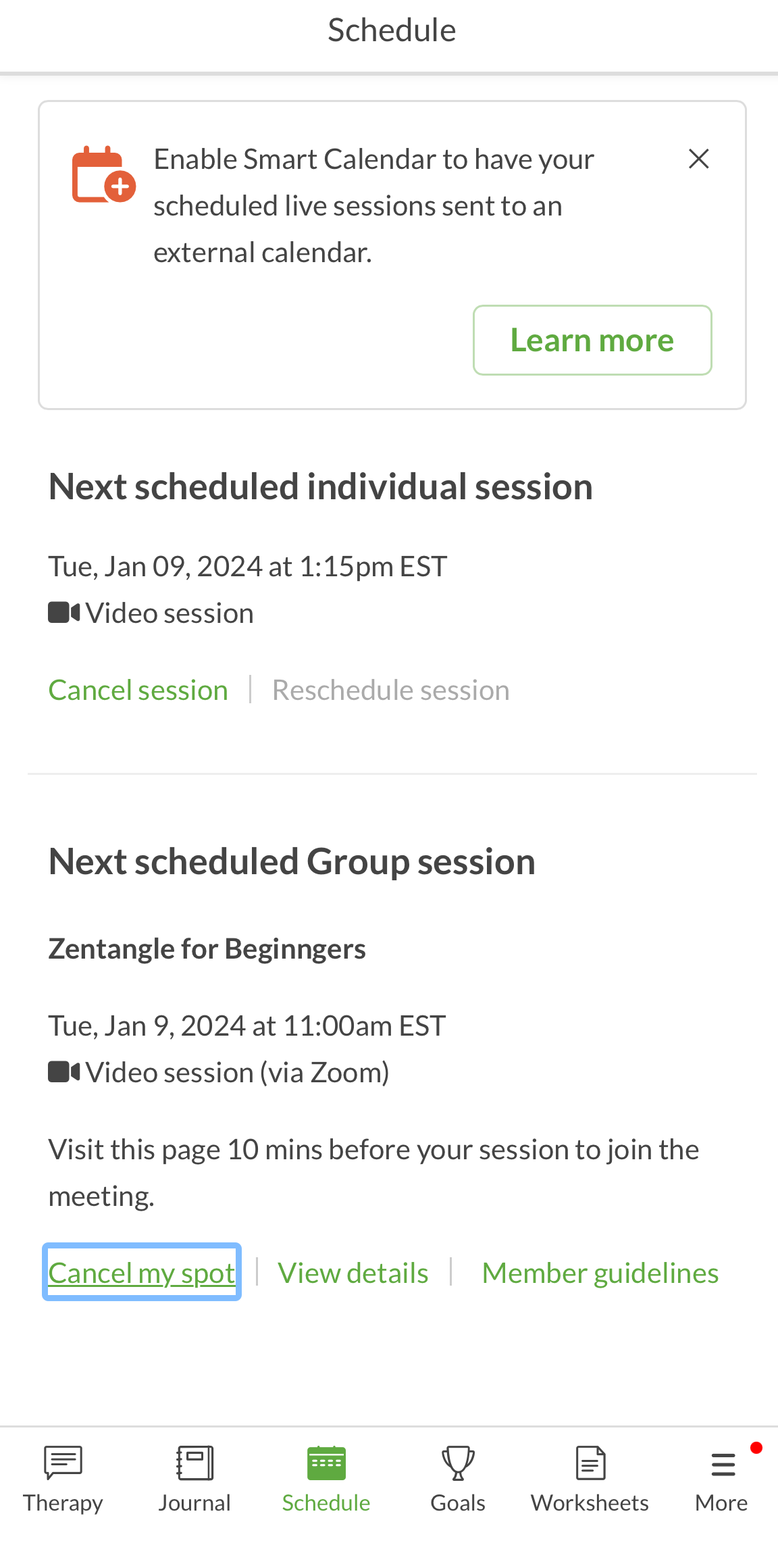 Screenshot of scheduled appointments in BetterHelp app