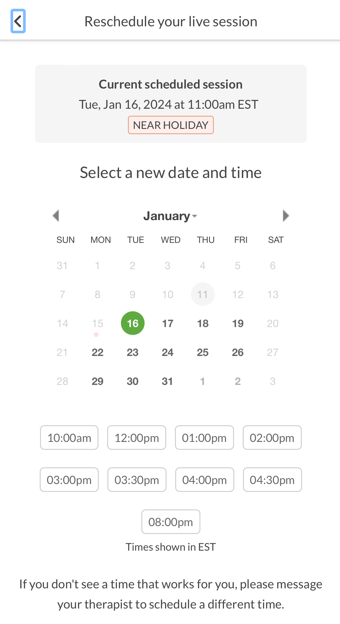 Screenshot of appointment rescheduling page in BetterHelp mobile app