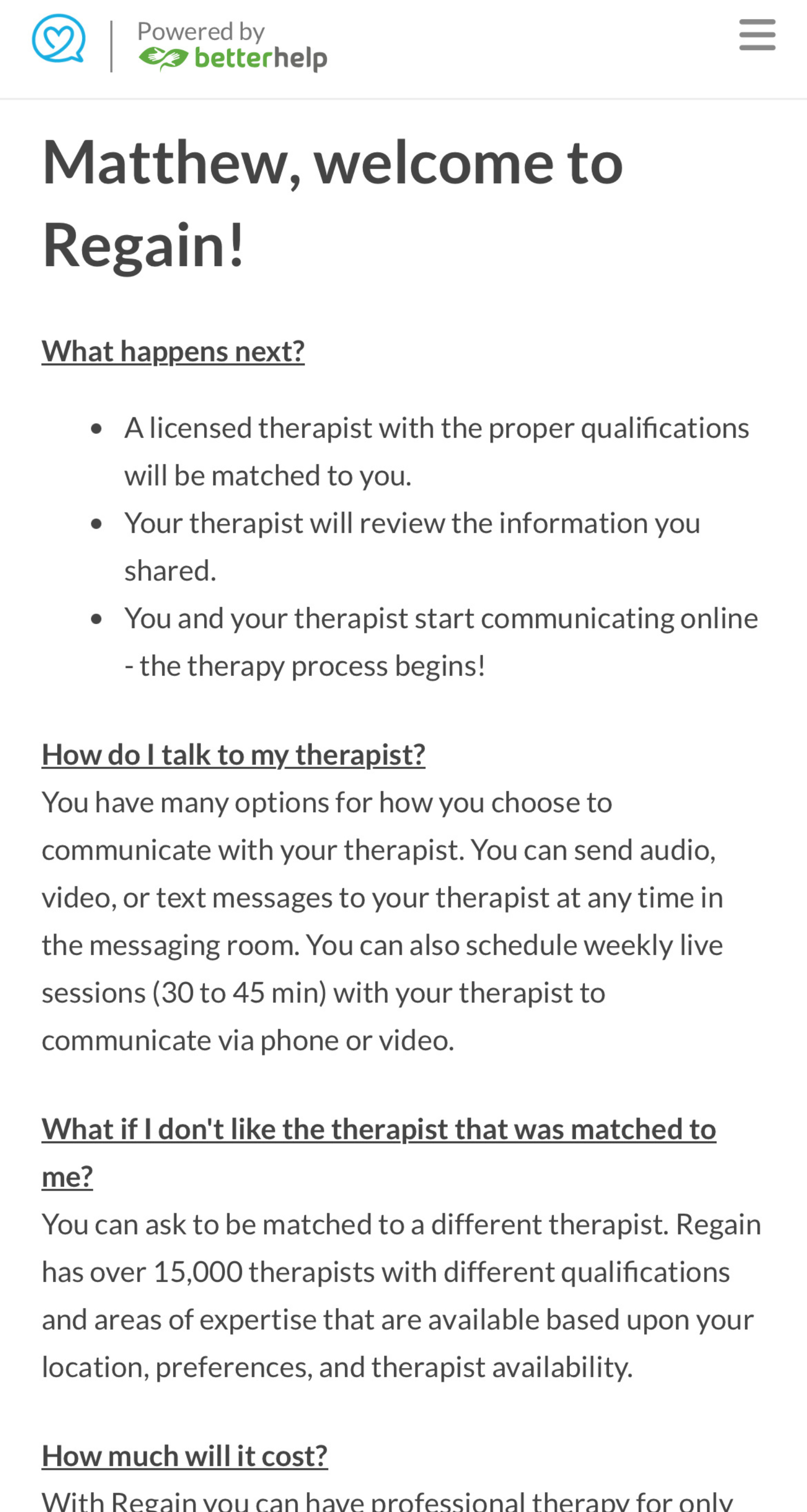 Welcome to Regain Therapy - what happens next and how to talk to therapist