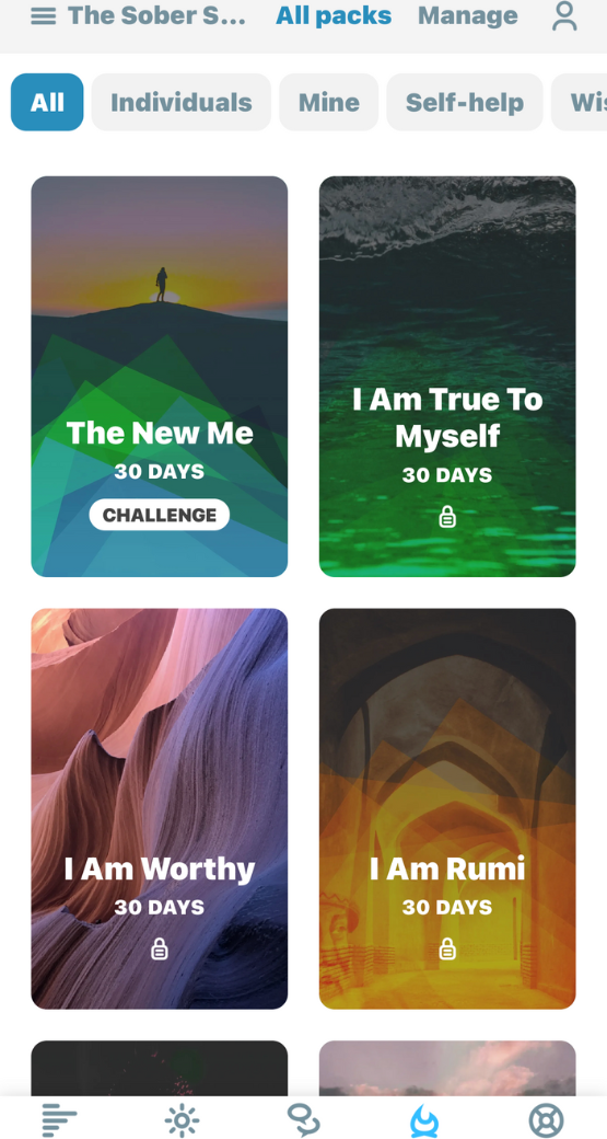 I Am Sober page that shows the different sobriety challenges