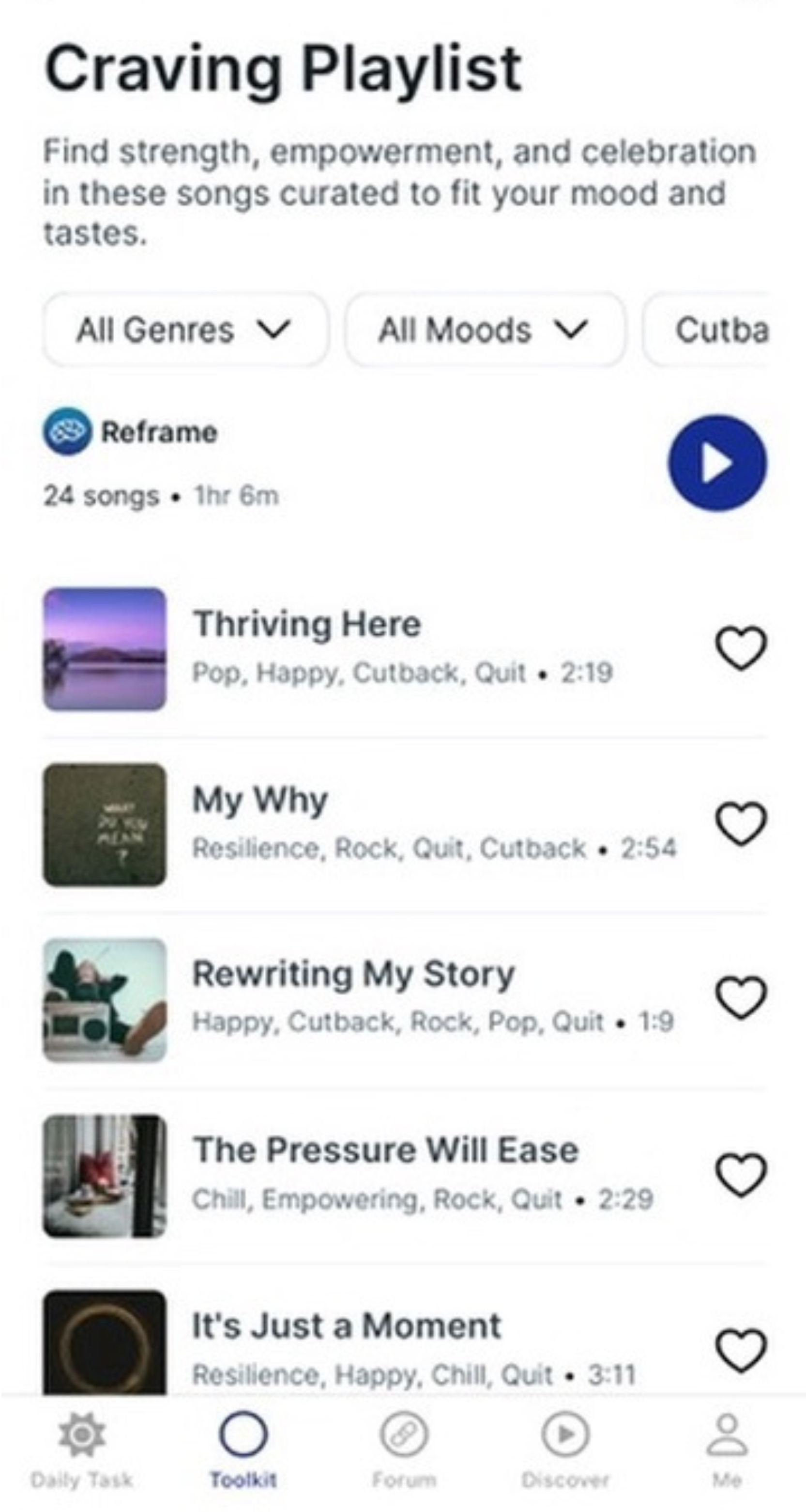Screenshot of cravings playlist within the Reframe app