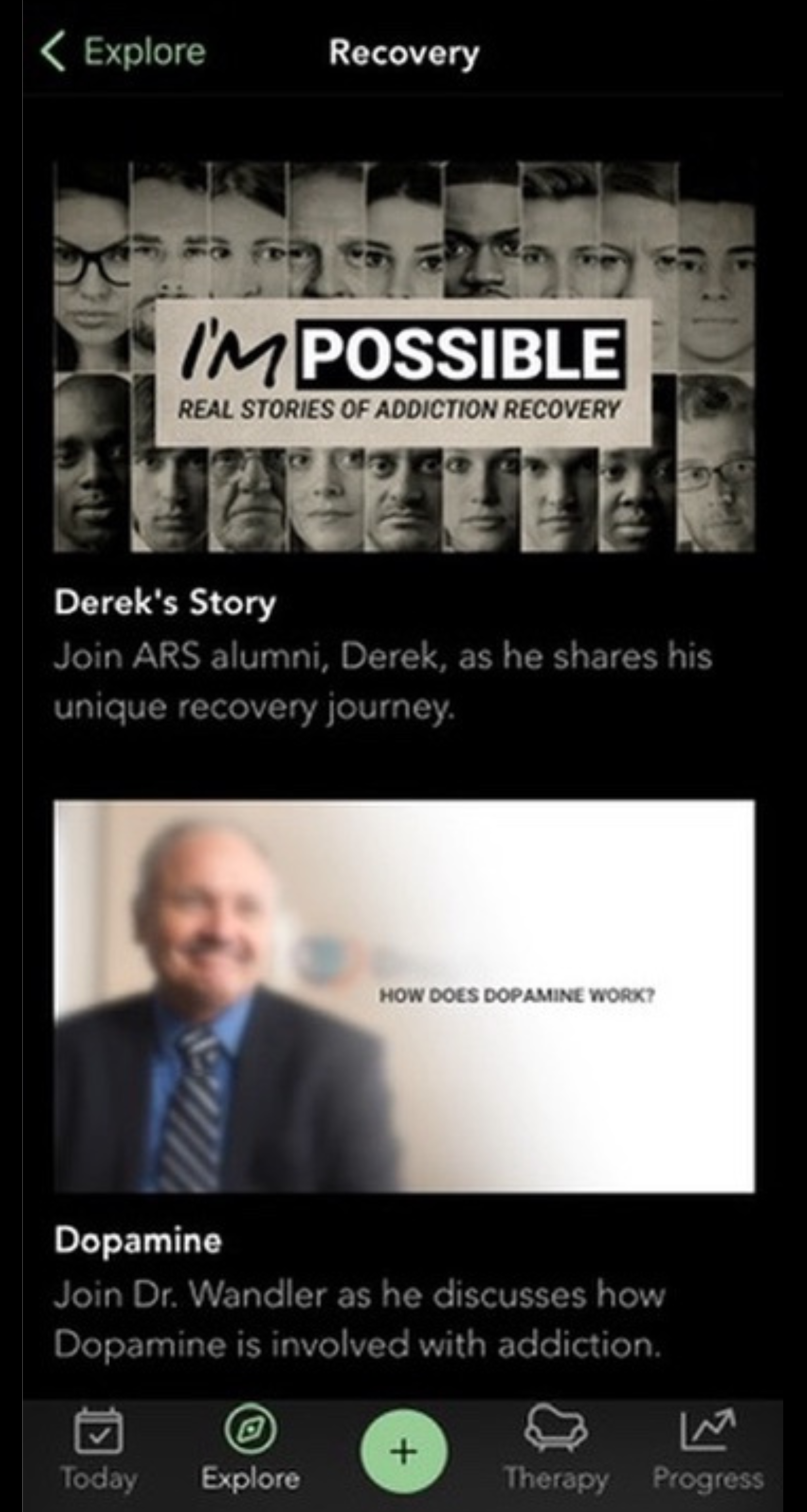 Screenshot of recovery articles and stories provided in the Nobu app