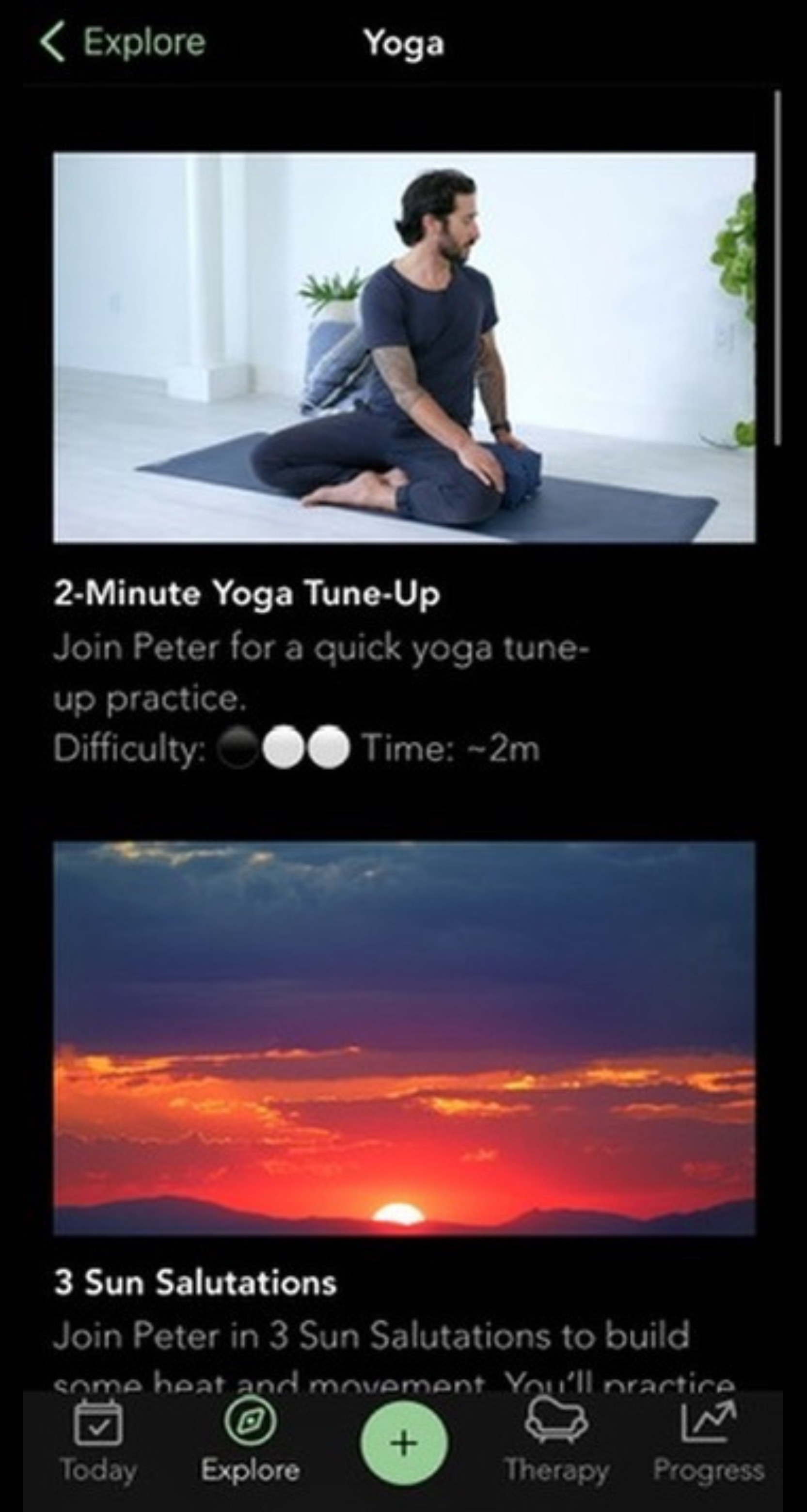 Screenshot of the yoga page under explore in the Nobu app