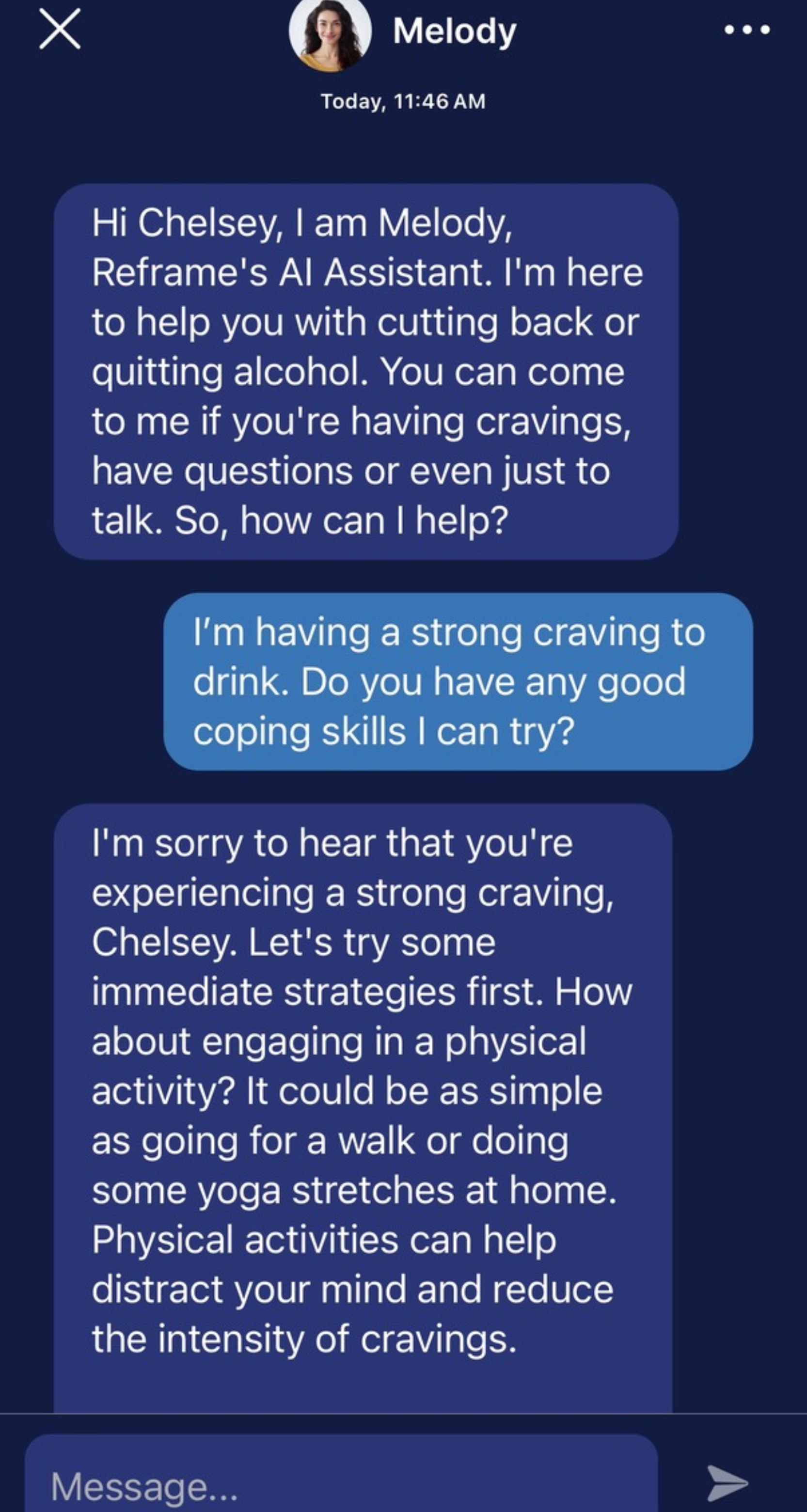Screenshot of conversation with Reframe's AI chatbot about alcohol cravings and coping skill suggestions