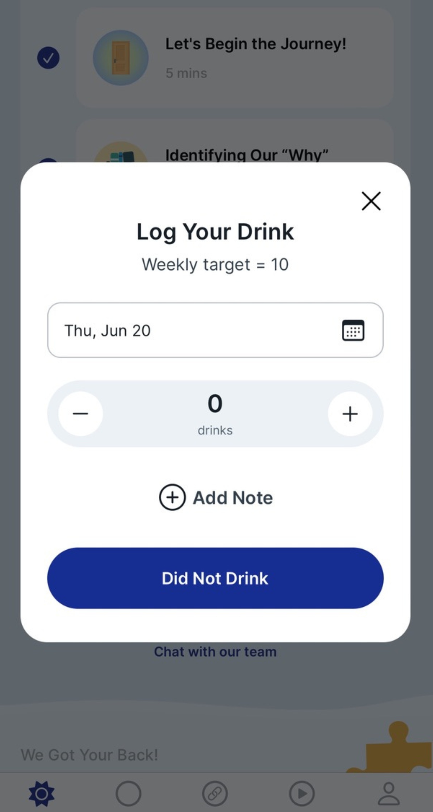 Screenshot of drink tracking feature within the Reframe app
