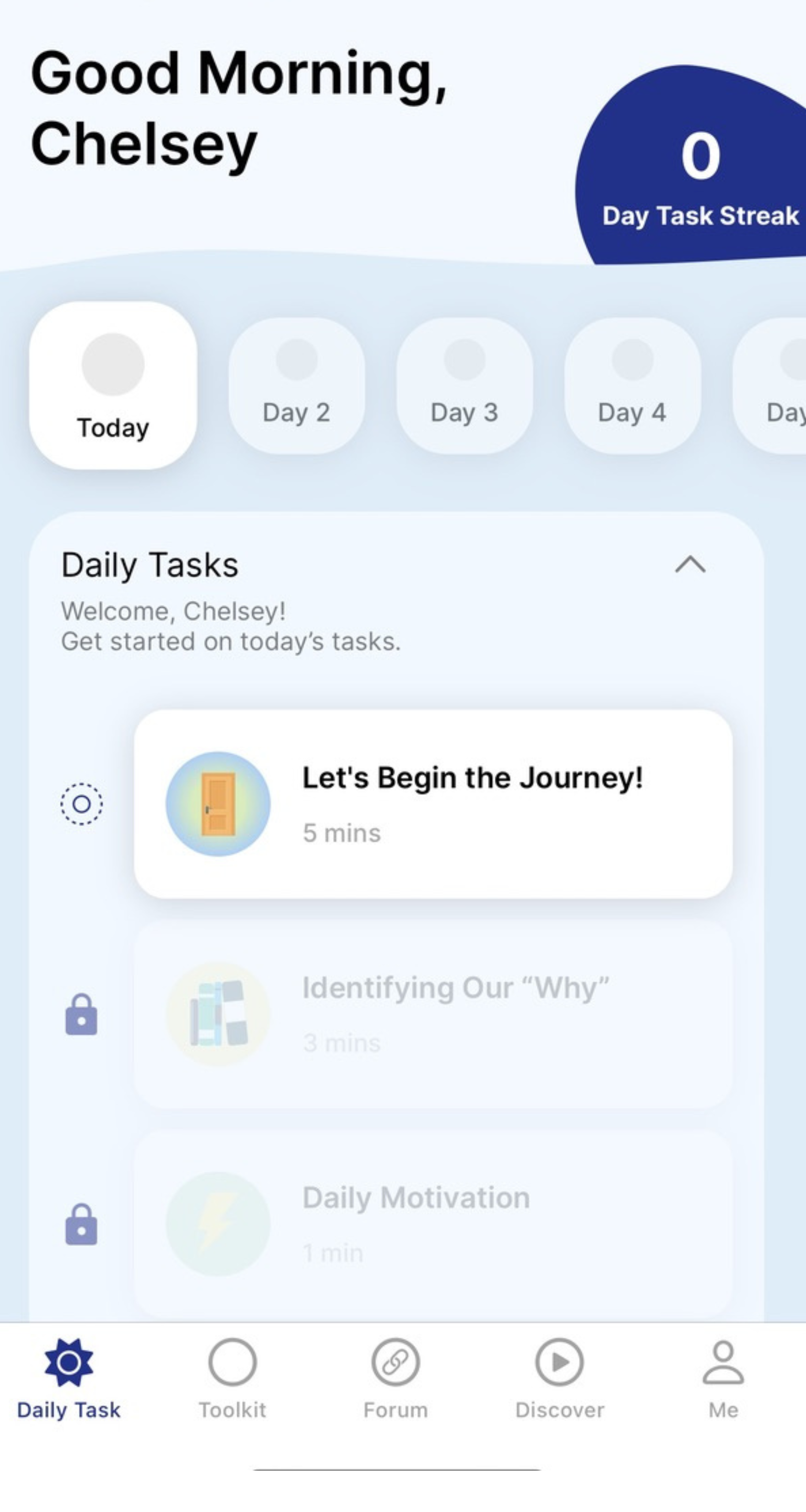 Screenshot of Daily Task page within the Reframe app