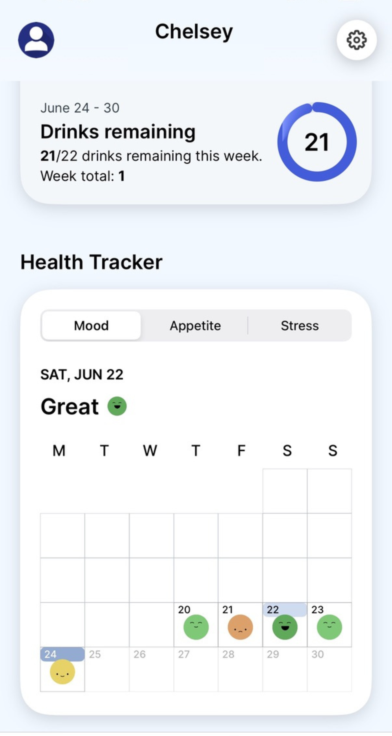 Screenshot of health tracker within the Reframe app
