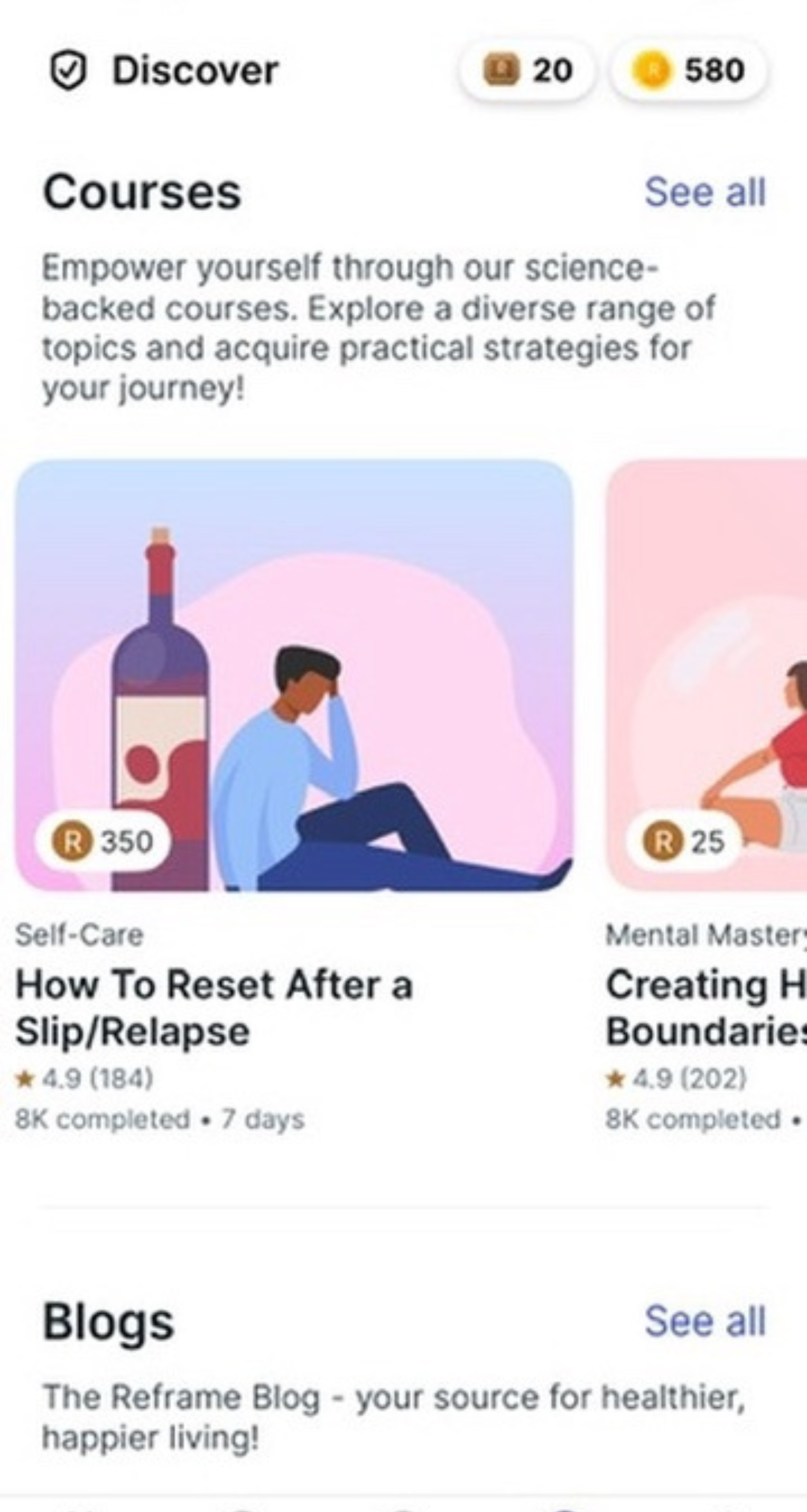 Screenshot of available courses and pricing of courses within the Reframe app