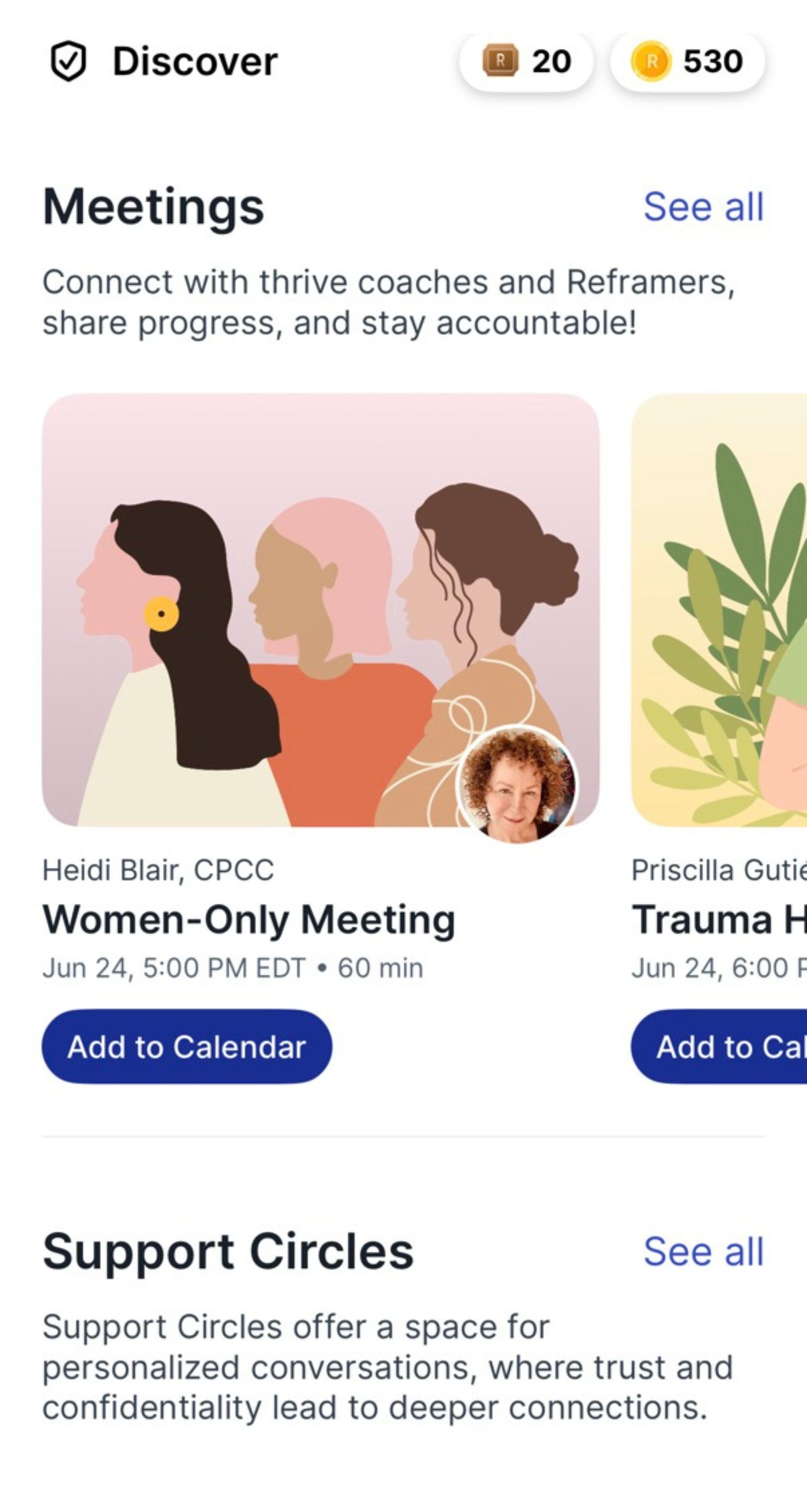 Screenshot of Discover section within the Reframe app