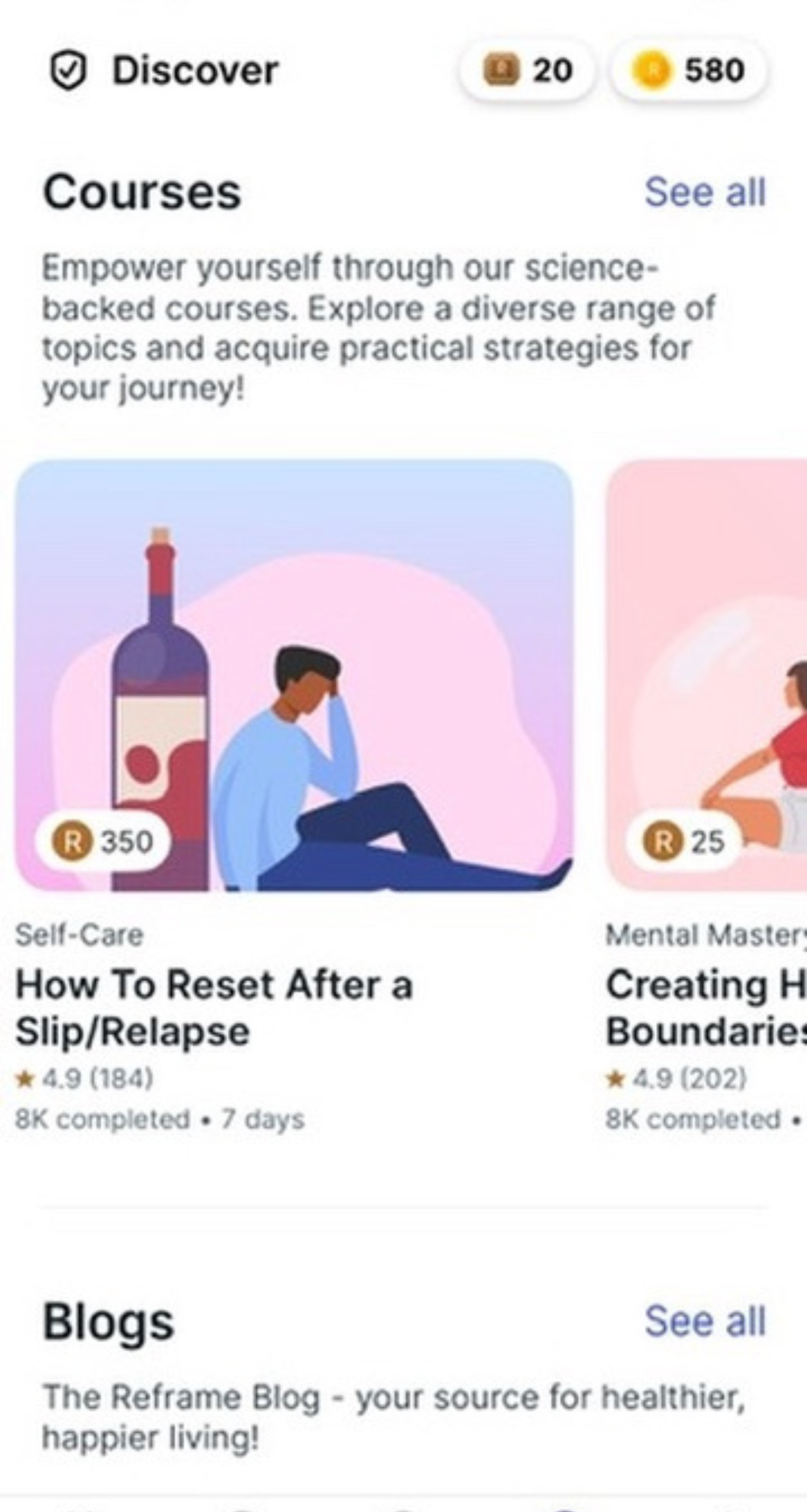 Screenshot of available courses and pricing of courses within the Reframe app