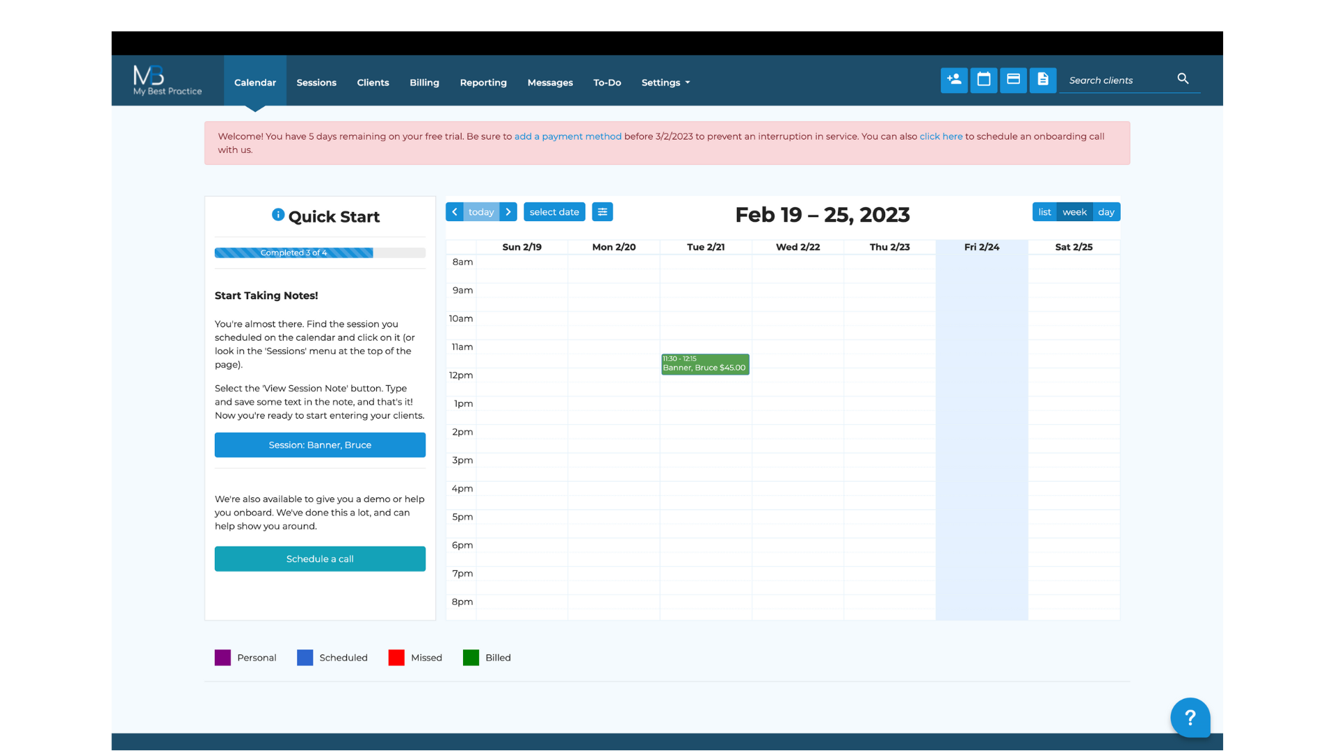 My Best Practice Review - Image of Sessions Health calendar