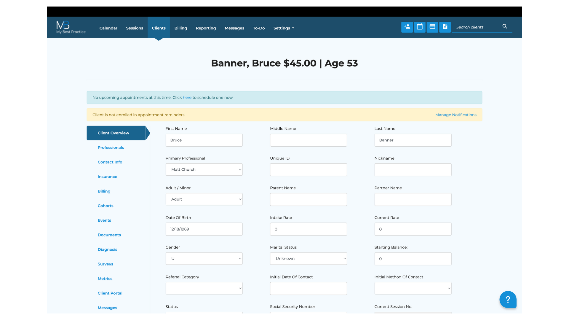 My Best Practice Review - Image of client demographics page