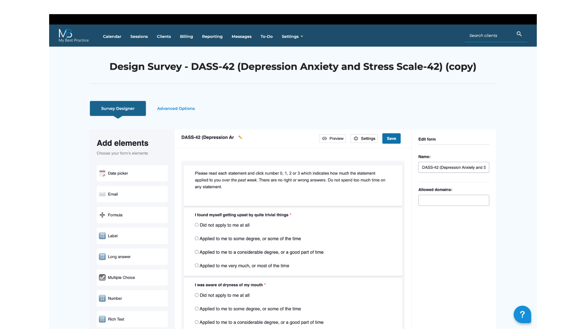 My Best Practice Review - Image of the My Best Practice survey builder feature customizing DASS-42 assessment template