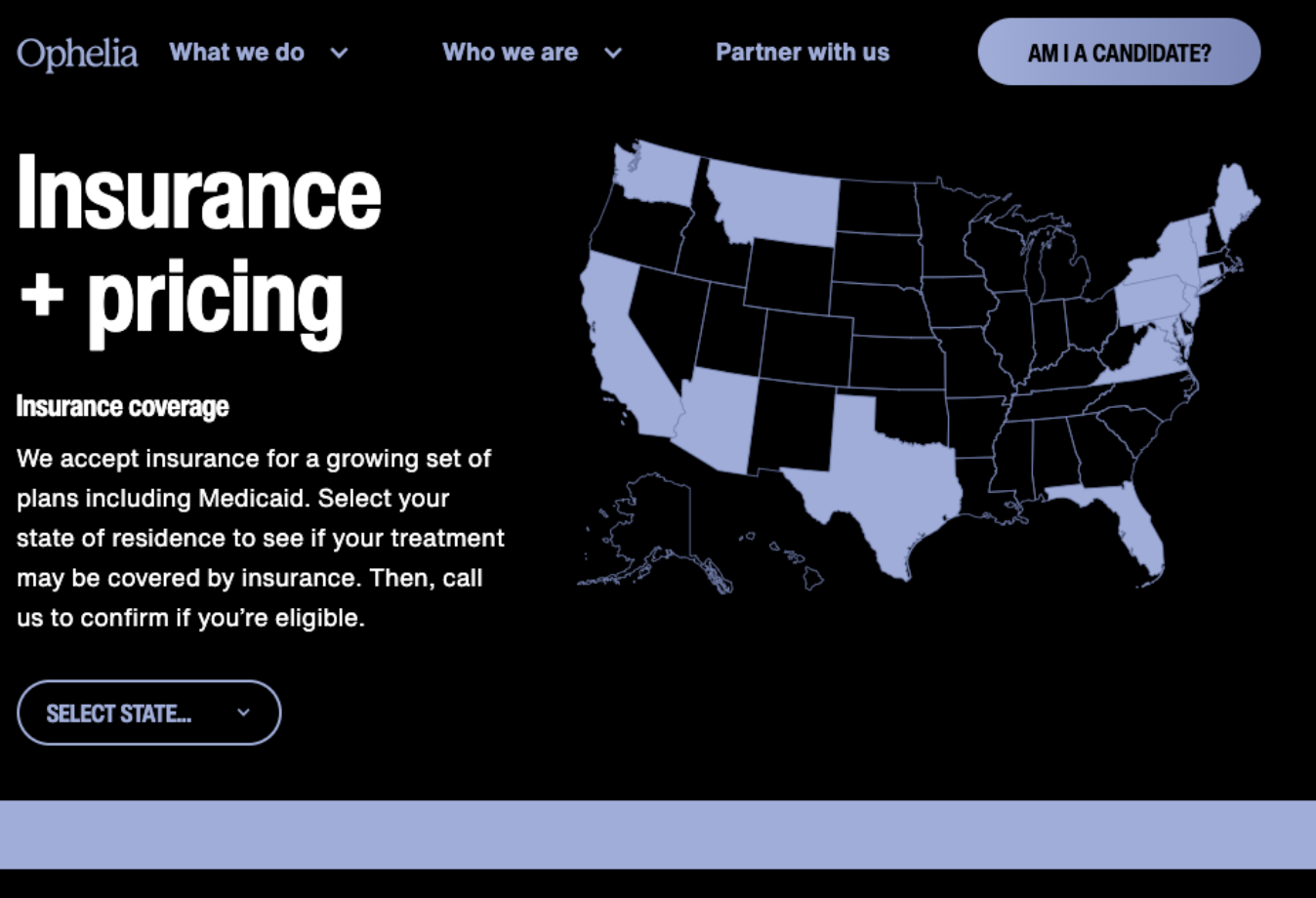 Ophelia page on US states they cover and insurance and pricing