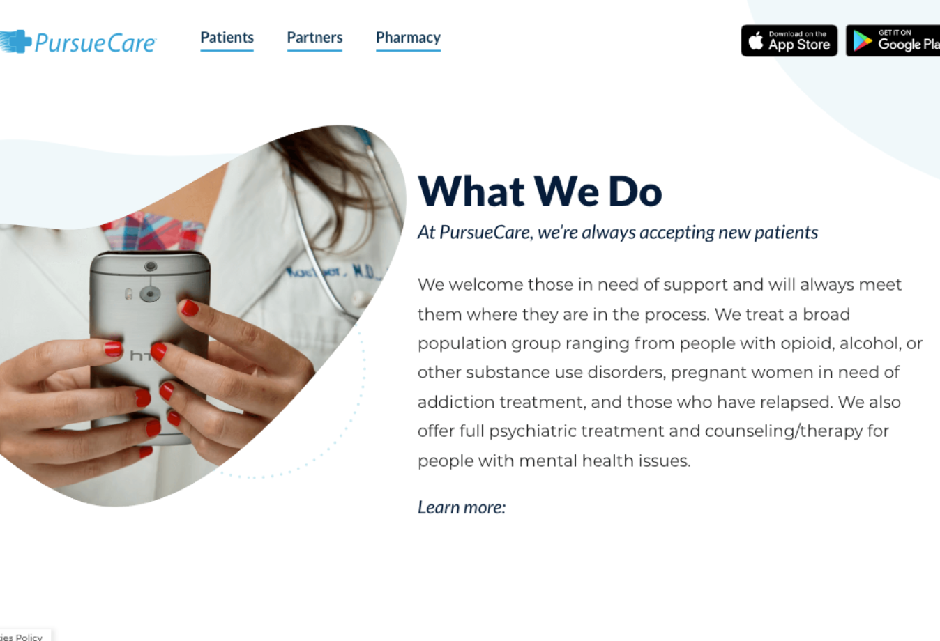 PursueCare page on learning more about services