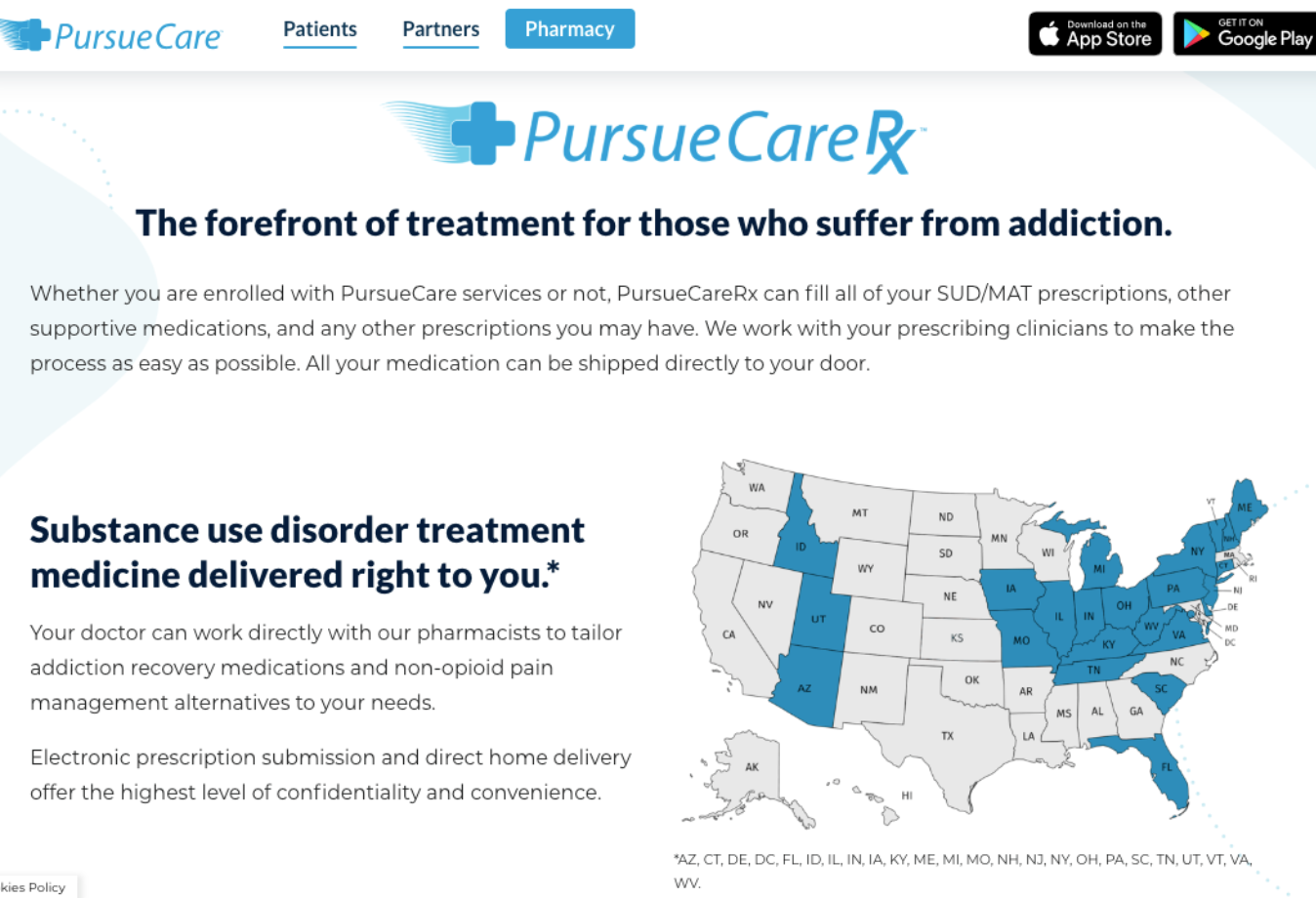PursueCare page on US states they cover
