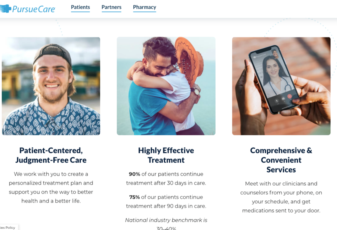 PursueCare homepage displaying services