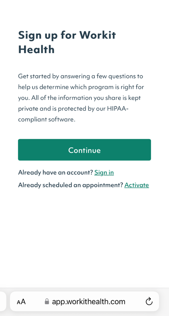 Workit Health sign up page again