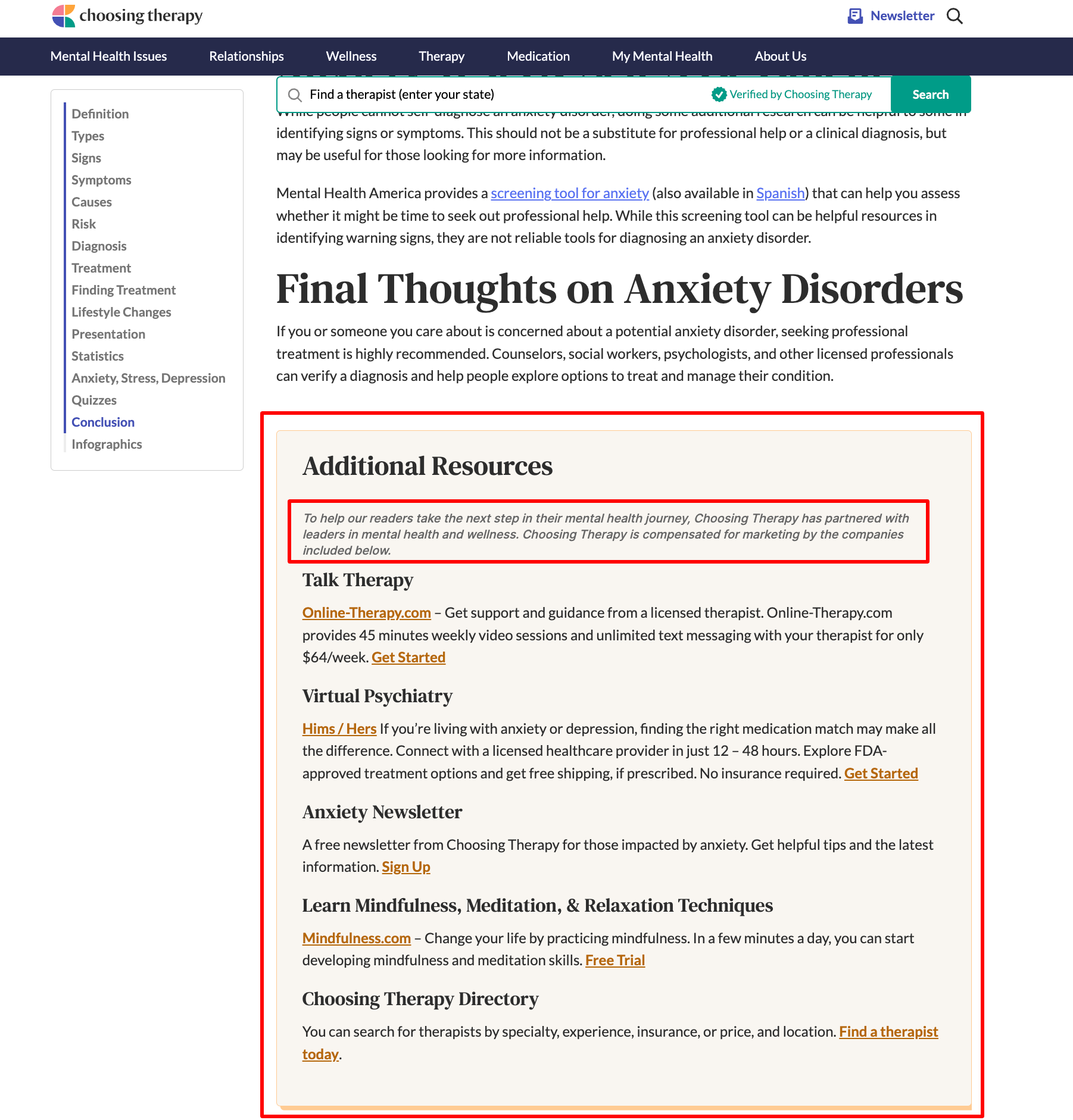 Advertisement Example 2 for ChoosingTherapy.com - an orange box that is marked as an advertisement with several partner offerings and affiliate links inside.
