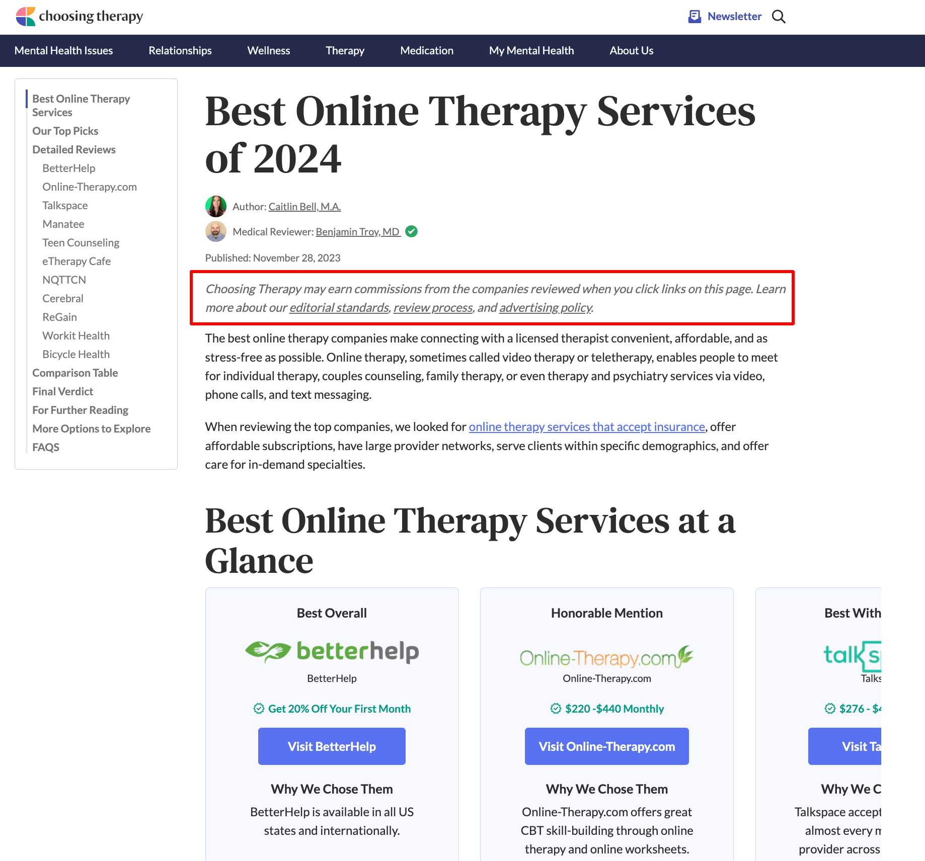 Advertisement Example 3 for ChoosingTherapy.com - a disclosure at the top of a page that partners' affiliate links may be used on this page.