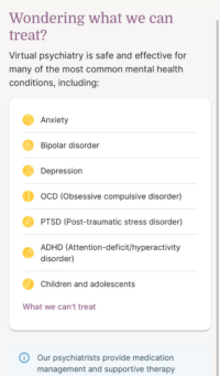 Screenshot of disorders that Talkiatry treats