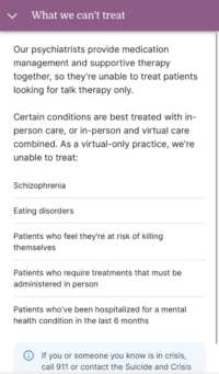 Screenshot of disorders that Talkiatry cannot treat