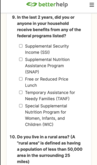 BetterHelp eligibility check, questions 9-10