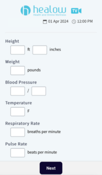 Screenshot of entering vital signs in Talkiatry waiting room