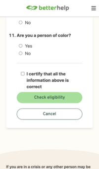 BetterHelp eligibility check, question 11 and submit button
