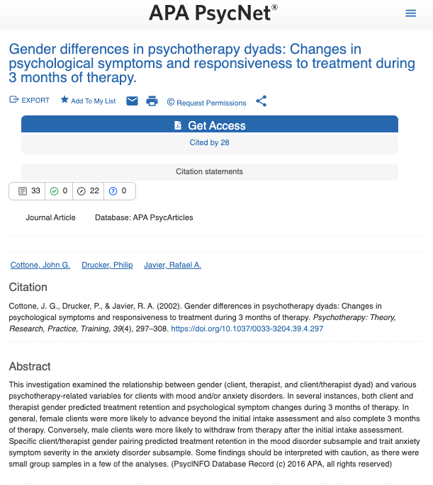Gender differences in psychotherapy dyads: Changes in psychological symptoms and responsiveness to treatment during 3 months of therapy.