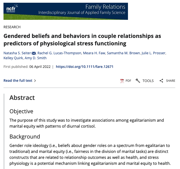 Gendered beliefs and behaviors in couple relationships as predictors of physiological stress functioning