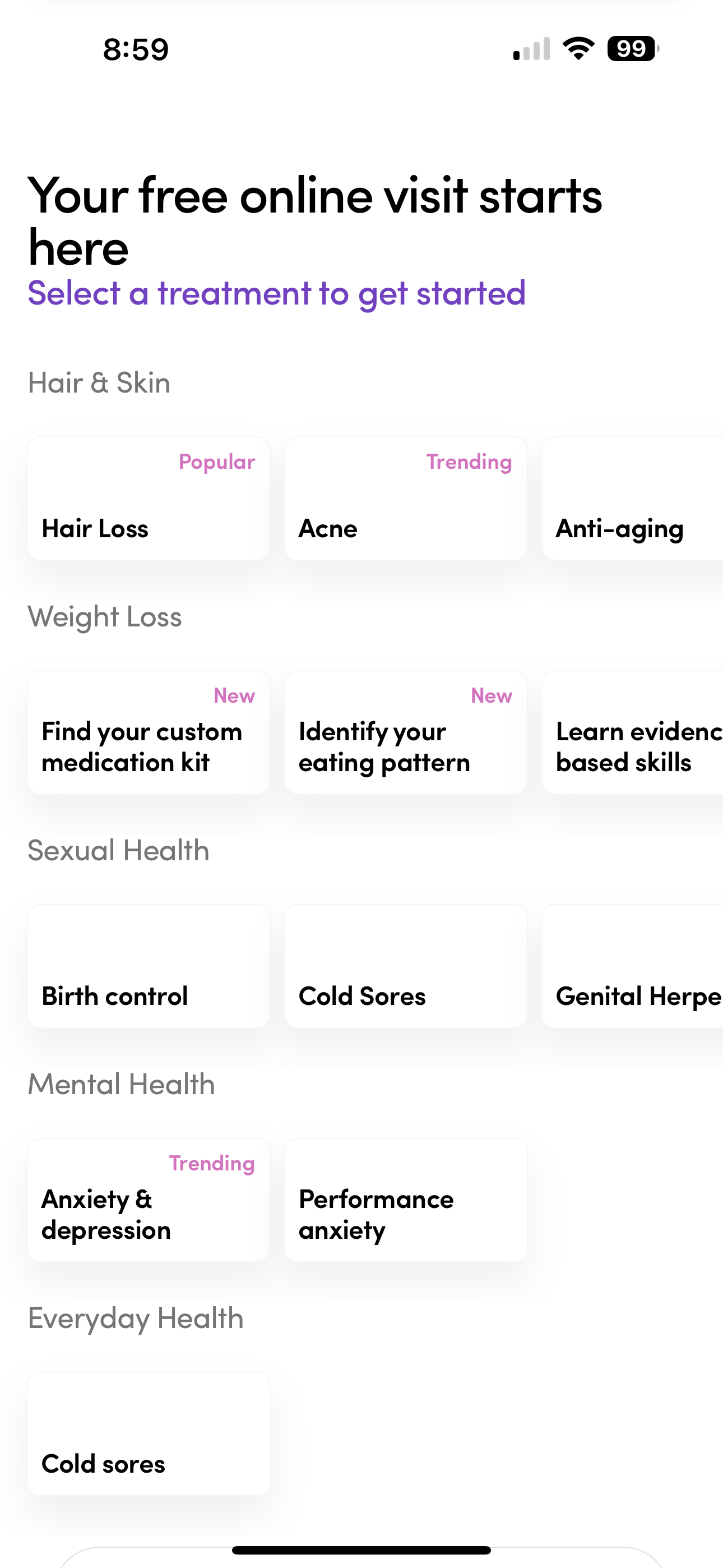 Screenshot of Hers Home Page on the App
