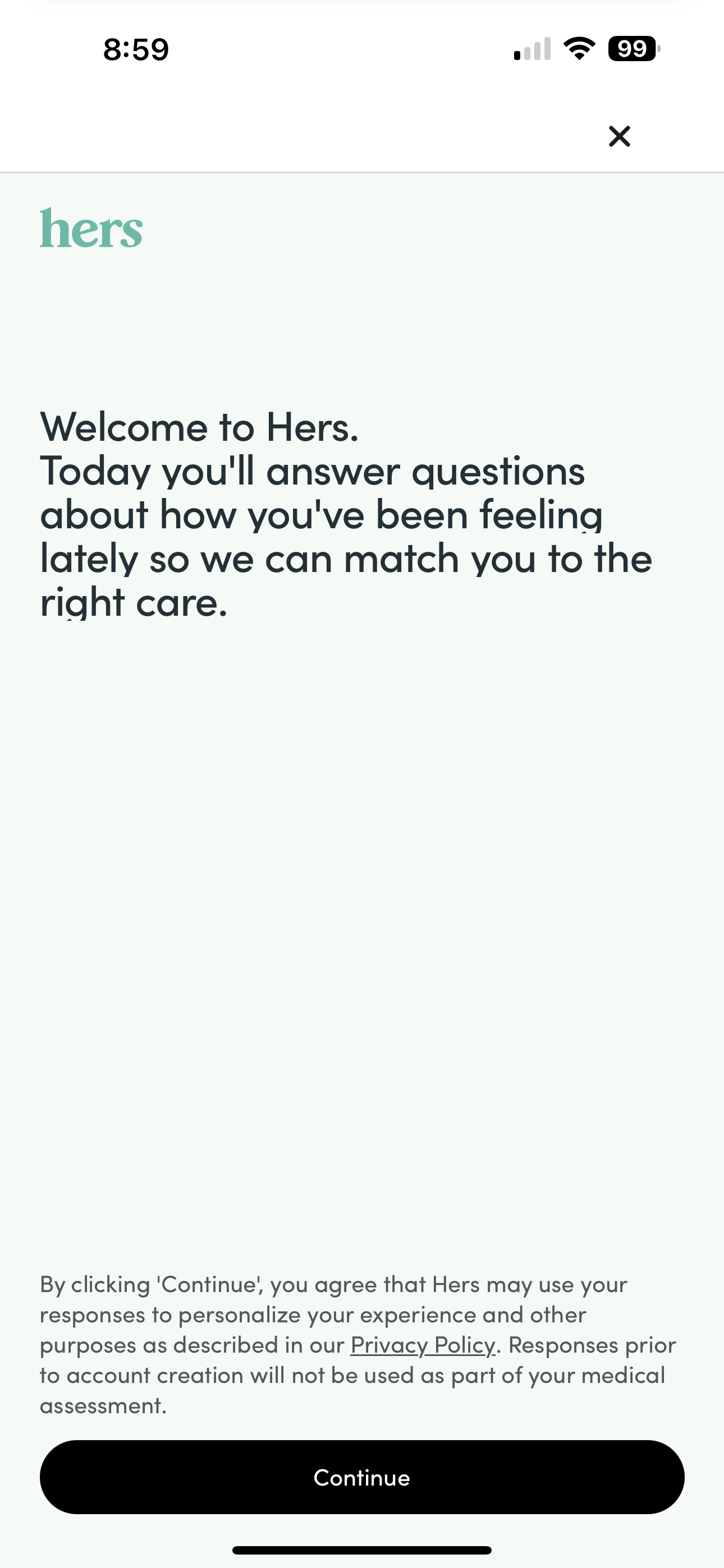 Screenshot of Hers Questionnaire before Suggesting Services