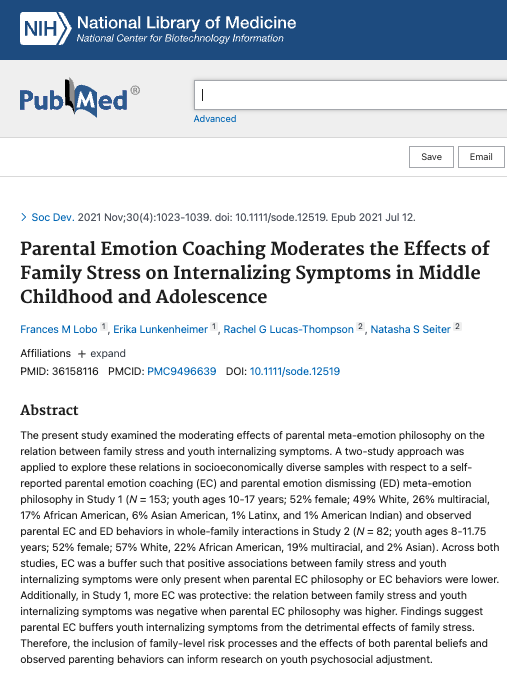 Parental Emotion Coaching Moderates the Effects of Family Stress on Internalizing Symptoms in Middle Childhood and Adolescence