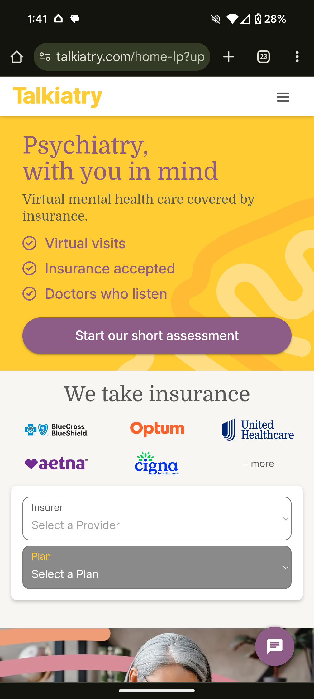 Image of Talkiatry homepage leads to short assessment
