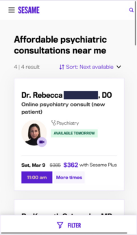 Screenshot of Sesame Care directory with psychiatrist options