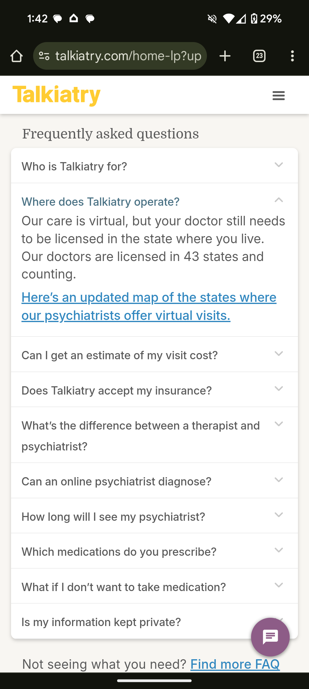 Image of Talkiatry FAQS show its available in 43 states
